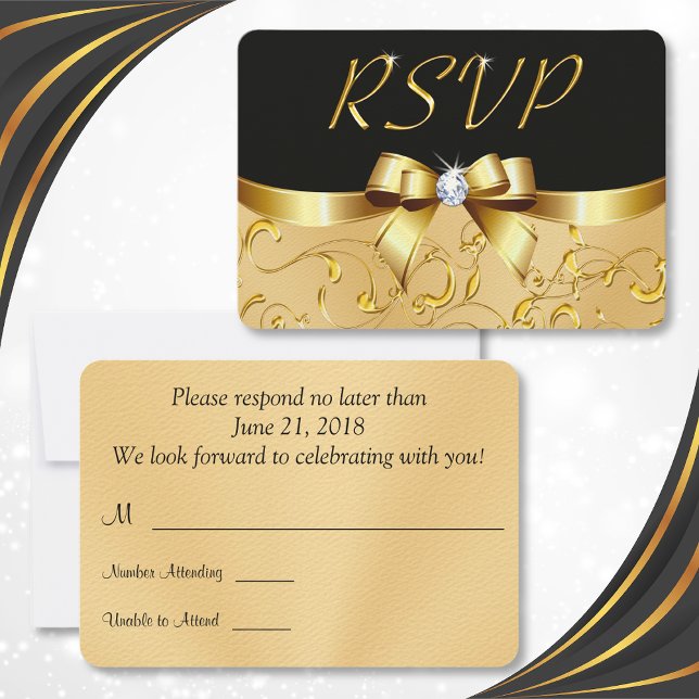 Svarta och Gyllene RSVP-kort, Anpassningsbara, Din OSA Kort (Black and Gold RSVP Cards. Wedding Response Cards. Birthday RSVP Cards. Elegant RSVP Cards. )
