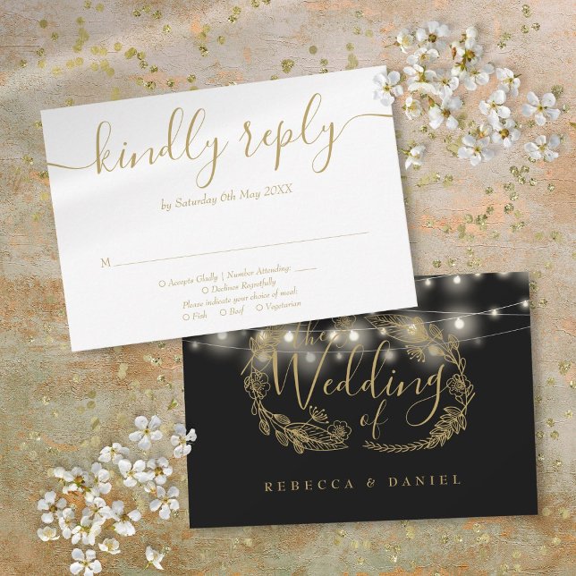 Svarta och gyllene strängljus blomsterbröllop OSA kort (Black And Gold String Lights Floral Wedding RSVP Card)