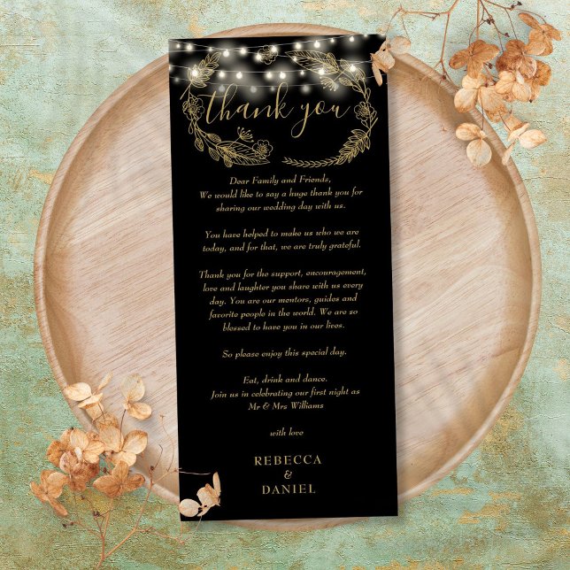 Svarta och gyllene strängljus Tack Placeringskort Meny (Black And Gold String Lights Thank You Place Card)