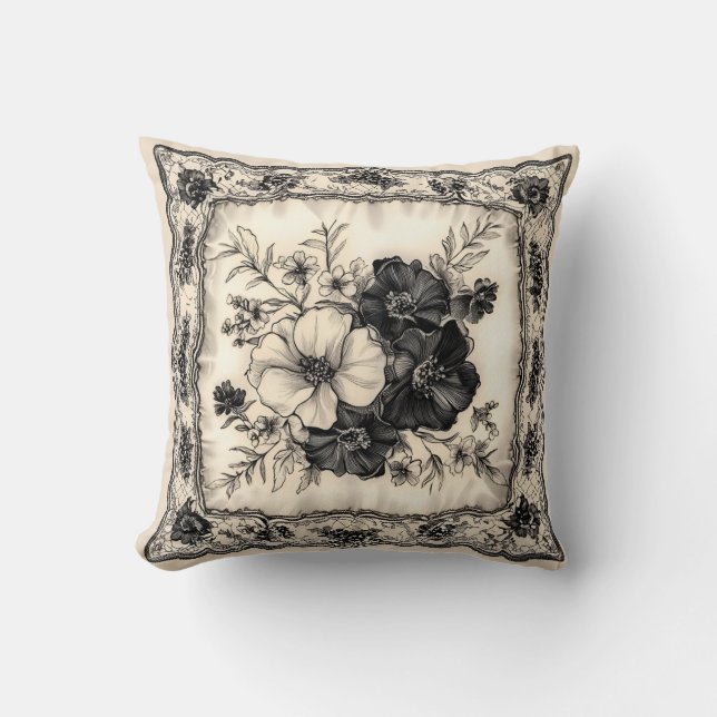 Svarta och ivorianska Blommigt Bröllop Pillow Kudde (Framsida)