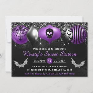 Svarta och lila Halloween-ornament Sweet Sixteen Inbjudningar