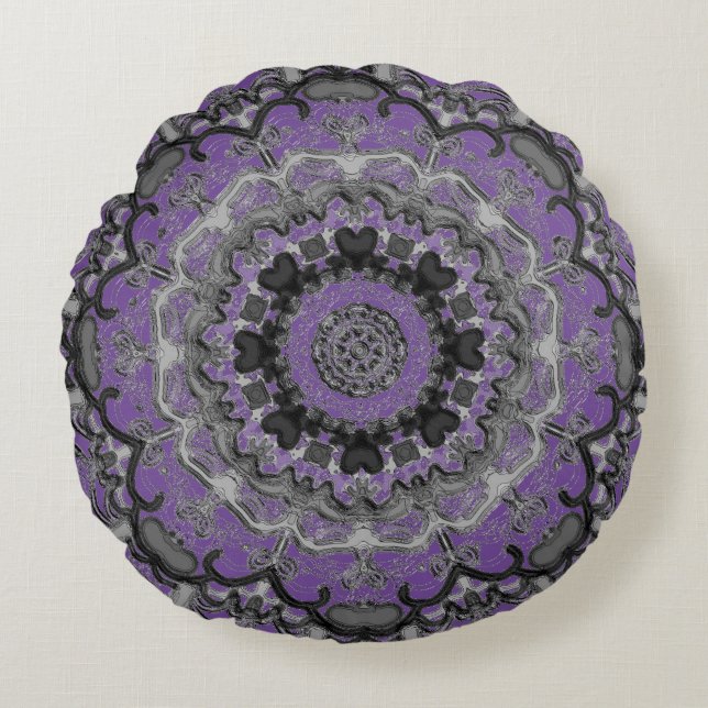 Svarta och Lila Mandala Round Pillow Rund Kudde (Framsidan)