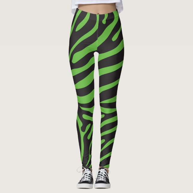 Svarta och Lime Green Zebra tryck Leggings (Framsida)