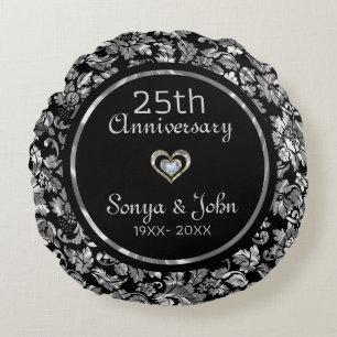 Svarta och metalliska Silver 25:e Bröllop-årsdagen Rund Kudde