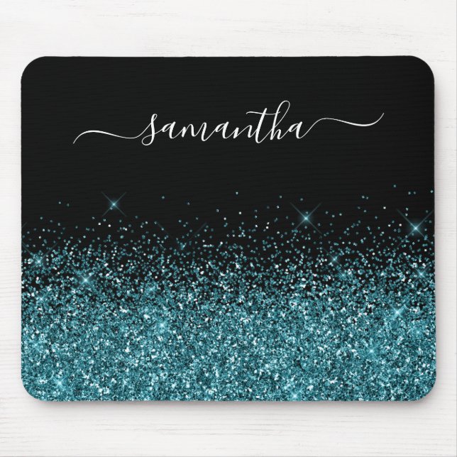 Svarta och Mörk Teal Glitter Elegant Namn Musmatta (Framsidan)