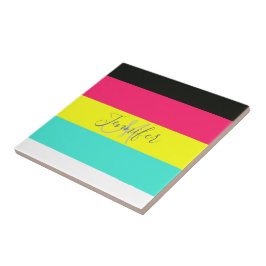 Svarta och Neon Färg Block Rand Monogram Namn Kakelplatta