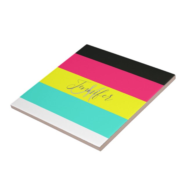 Svarta och Neon Färg Block Rand Monogram Namn Kakelplatta (Sidan)