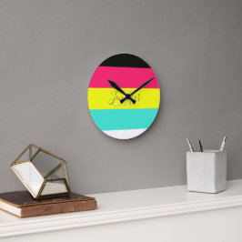 Svarta och Neon Färg Block Rand Monogram Namn Rund Klocka