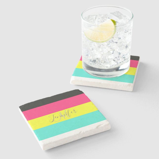 Svarta och Neon Färg Block Rand Monogram Namn Stenunderlägg (Sidan)