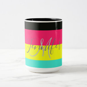 Svarta och Neon Färg Block Rand Monogram Namn Två-Tonad Mugg