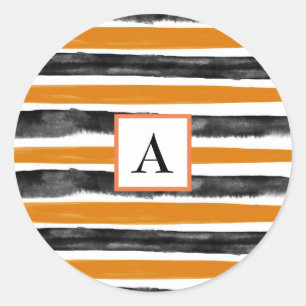 Svarta och orange Halloween-vattenfärg-ränder Runt Klistermärke
