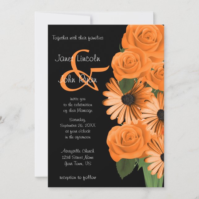 Svarta och orange rosor och tusenskönor inbjudningar (Framsida)