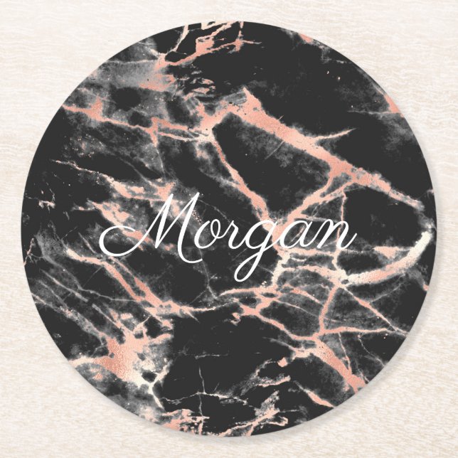 Svarta och Ro Guld Marble, Vit skript Namn Underlägg Papper Rund (Framsidan)