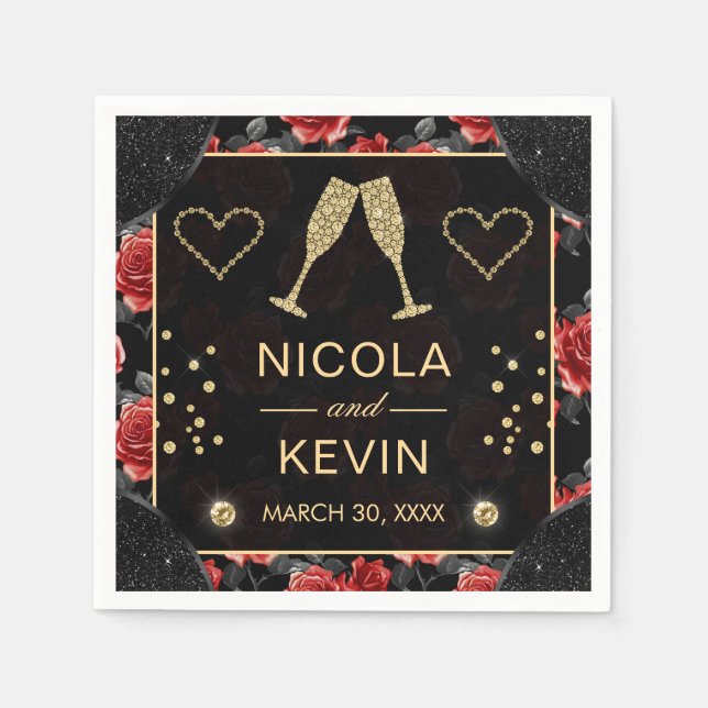 Svarta och Röd ros Mönster och Guld-diamanter Bröl Pappersservett (Framsidan)
