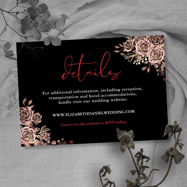 Svarta och röda blomsterrosor gotiska bröllopsdeta tilläggskort (Black And Red Floral Roses Gothic Wedding Details Enclosure Card)
