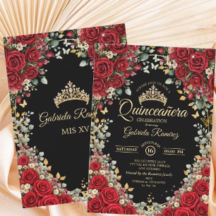 Svarta och röda rosor Gyllene fjärilar Quinceañera Inbjudningar