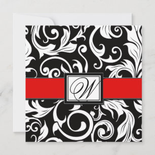 Svarta och röda vigselinbjudningar med monogram-da inbjudningar