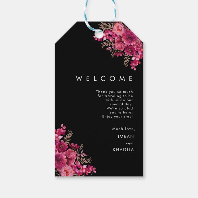 Svarta och rosa blad bröllop välkomstpresent etike presentetikett (Framsidan)