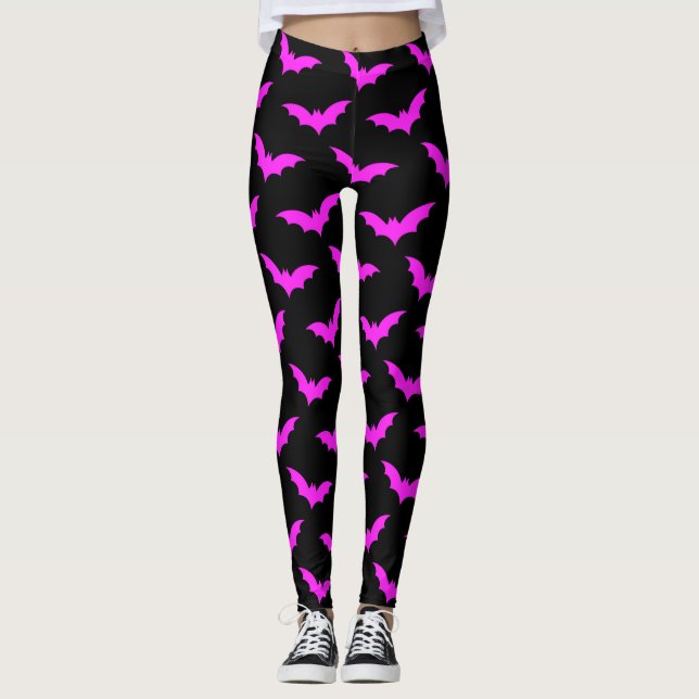 Svarta och rosa fladdermöss Halloween Leggings (Framsida)
