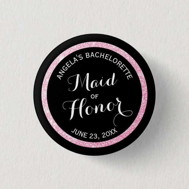 Svarta och Rosa Glitter Maid of honor Bachelorette Knapp (Framsida)