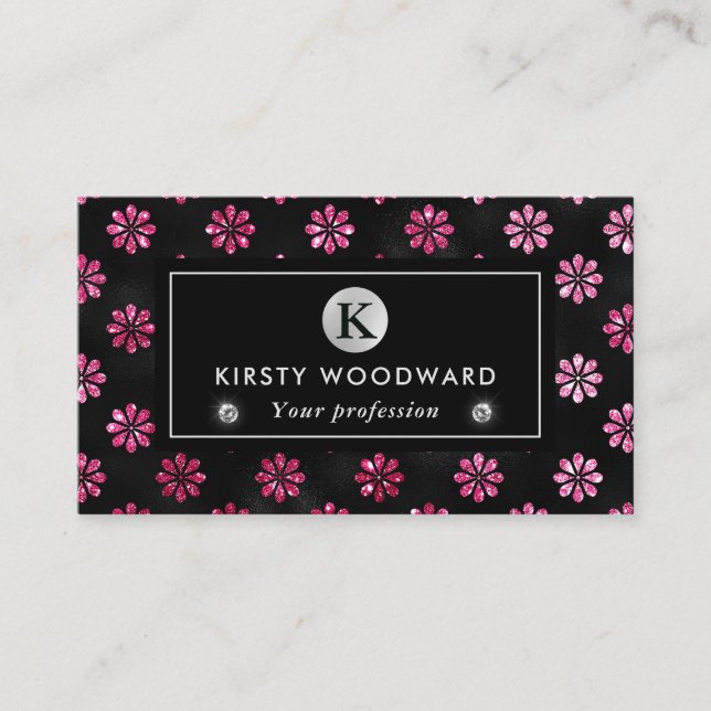 Svarta och rosa glitterblommor Glam-mönster Visitkort (Framsida)