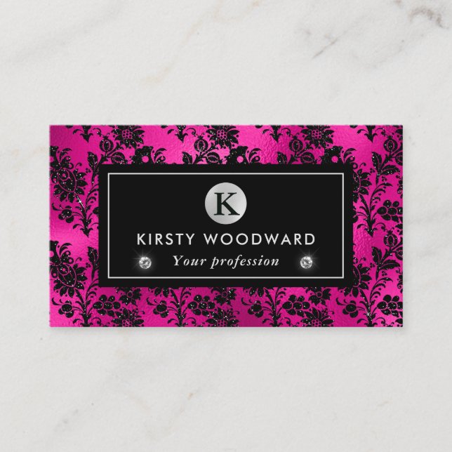 Svarta och rosa glitterblommor Glam-mönster Visitkort (Framsida)
