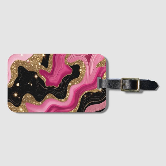 Svarta och rosa Guld Agate Bagagebricka (Framsida horisontal)