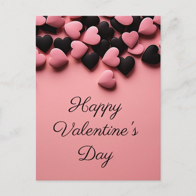 Svarta och rosa hjärtan på rosa Alla hjärtans Vykort (Framsida)