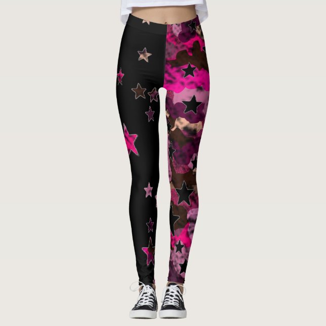 Svarta och rosa kamouflage stjärnbyxor leggings (Framsida)