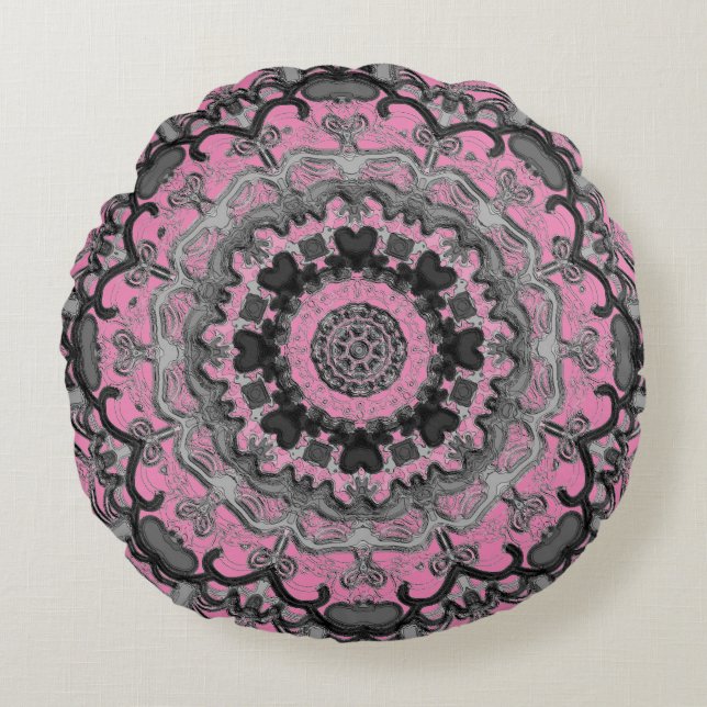 Svarta och Rosa Mandala Round Pillow Rund Kudde (Framsidan)