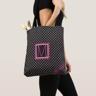 Svarta och Rosa Polka Dot-Trendiget Monogram Tygkasse