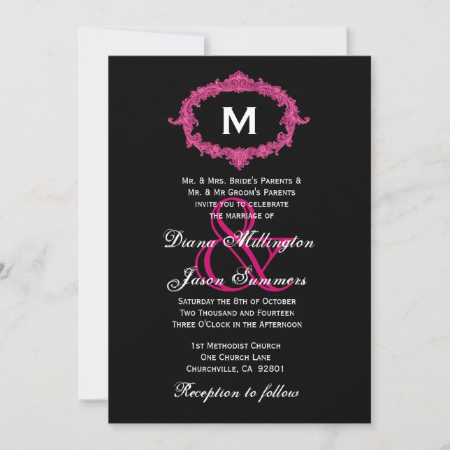 Svarta och Rosa Vintage Ram Monogram Bröllop Inbjudningar (Framsida)