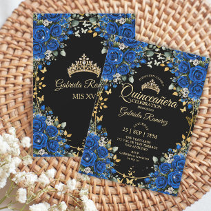 Svarta och Royalblå Rosor Guld Quinceañera Inbjudningar