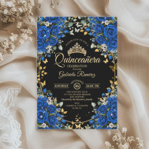 Svarta och Royalblå Rosor Guld Quinceañera