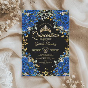 Svarta och Royalblå Rosor Guld Quinceañera Inbjudningar