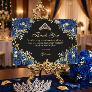Svarta och Royalblå Rosor Guld Quinceañera Tack Kort