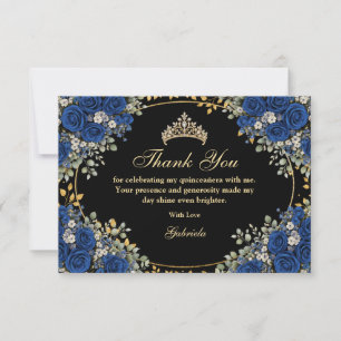 Svarta och Royalblå Rosor Guld Quinceañera Tack Kort