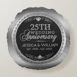 Svarta och Silver 25:e Bröllop-årsdagen Rund Kudde