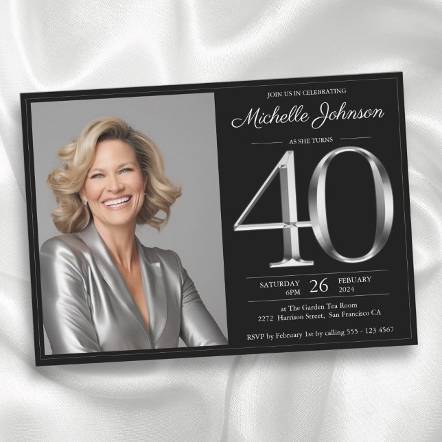 Svarta och Silver 40:e födelsedagen Inbjudningar (Black and Silver 40th Birthday Invitation)