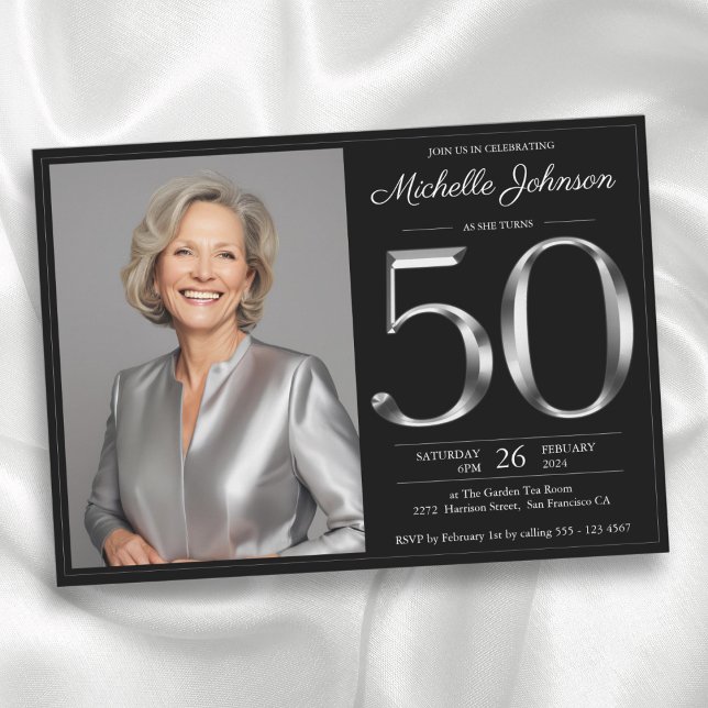 Svarta och Silver 50:e födelsedagen Inbjudningar (Black and Silver 50th Birthday Invitation)