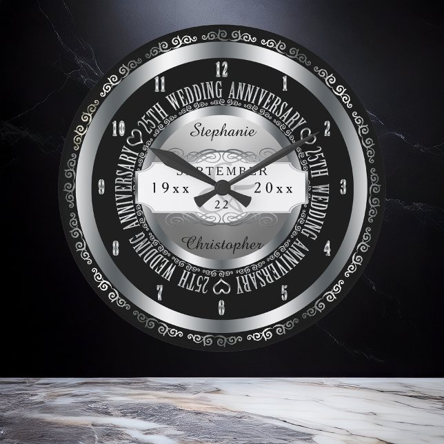 Svarta och Silver Elegant 25:e Bröllop-årsdagen Stor Klocka (Elegant Black and Silver Tone 25th Wedding Anniversary Large Clock)
