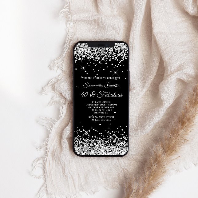 Svarta och Silver Glitter 40 och Fabulous Inbjudningar (Black and Silver Glitter 40 and Fabulous Invitation)