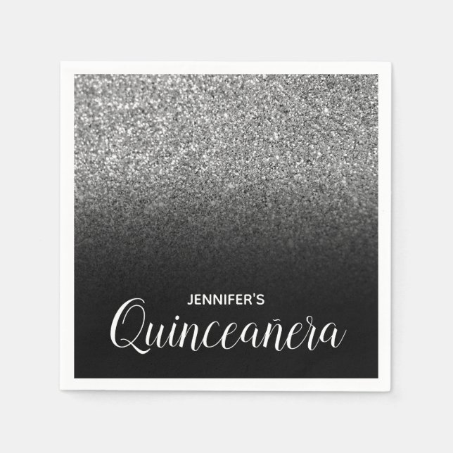 Svarta och Silver Glitter Ombre Quinceanera Pappersservett (Framsidan)