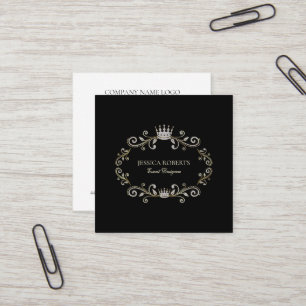Svarta och Silver Glitter Ornate Ram med Krona Fyrkantigt Visitkort