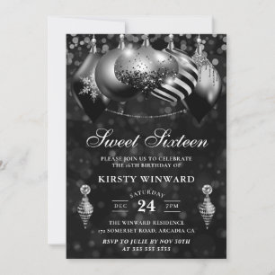 Svarta och silver julgranskulor Sweet Sixteen Inbjudningar