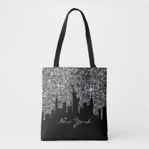 Svarta och Silver konfetti Glitter New York Skylin Tygkasse