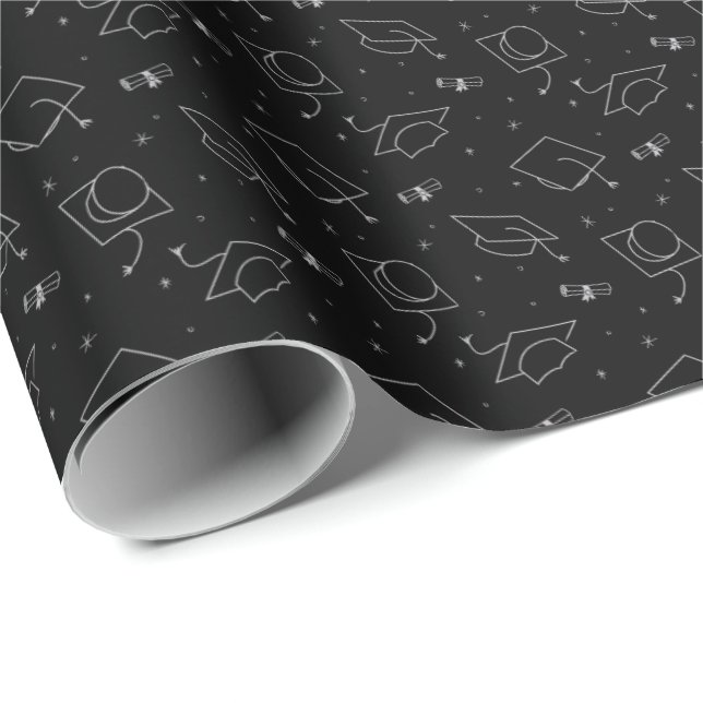 Svarta och Silver Studentmössa Toss Wrapping Pappe Presentpapper (Rullad Hörn)