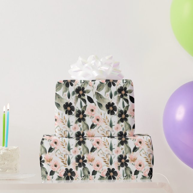 Svarta och skalsköna rosa blommor presentpapper (Festgåvor)