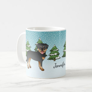 Svarta och solbrända Rottweilerhundar i en vinters Kaffemugg