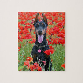 Svarta och Tan Doberman Pinscher i Röda blommor Pussel